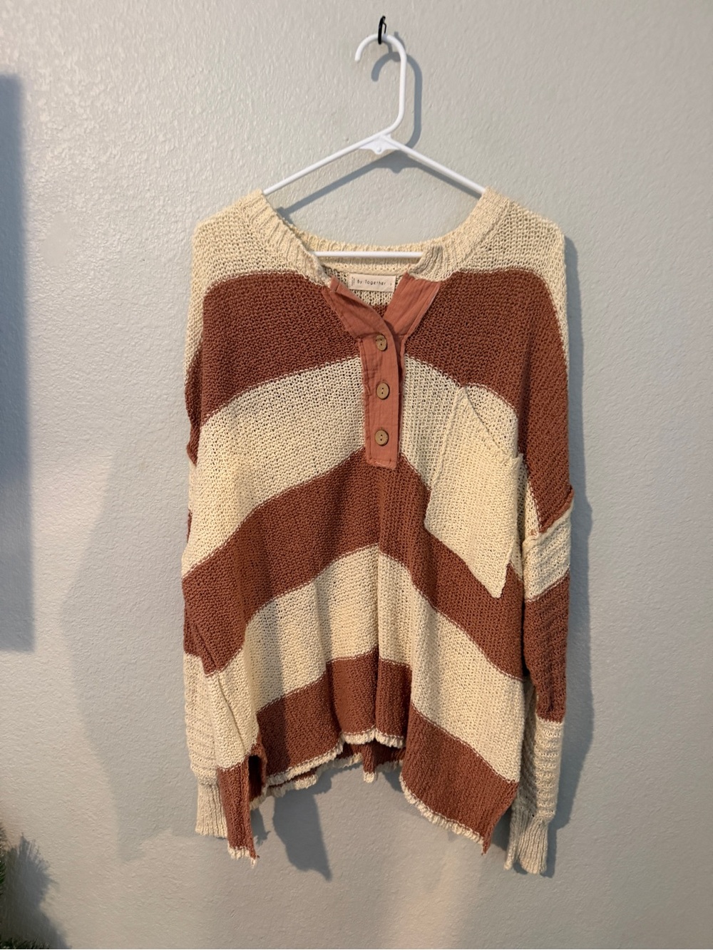 By Together Striped Henley Sweater in Cream & Brown